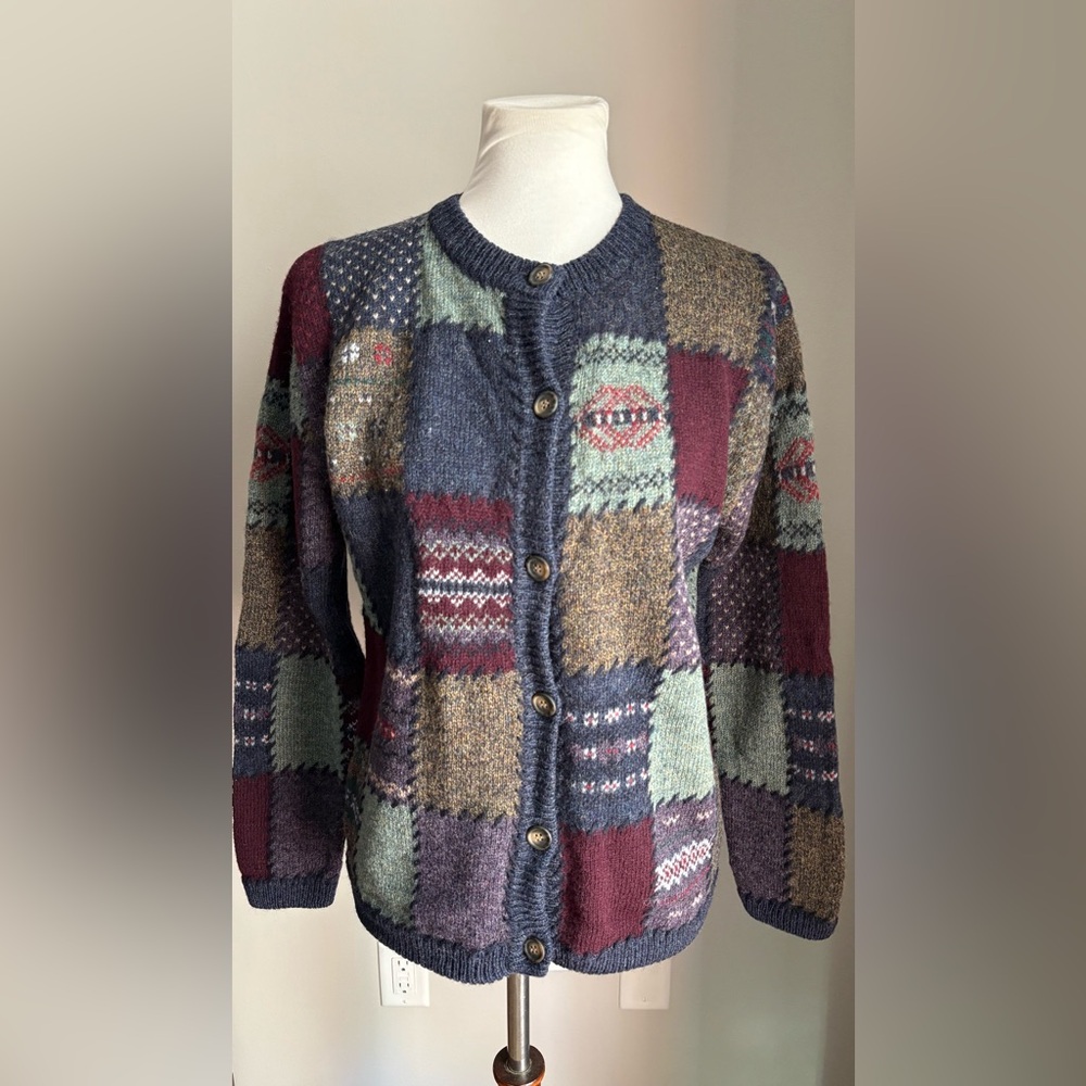 Vintage Eddie Bauer Deer Bay 100% Wool Multi-Color Patchwork Cardigan Sweater S